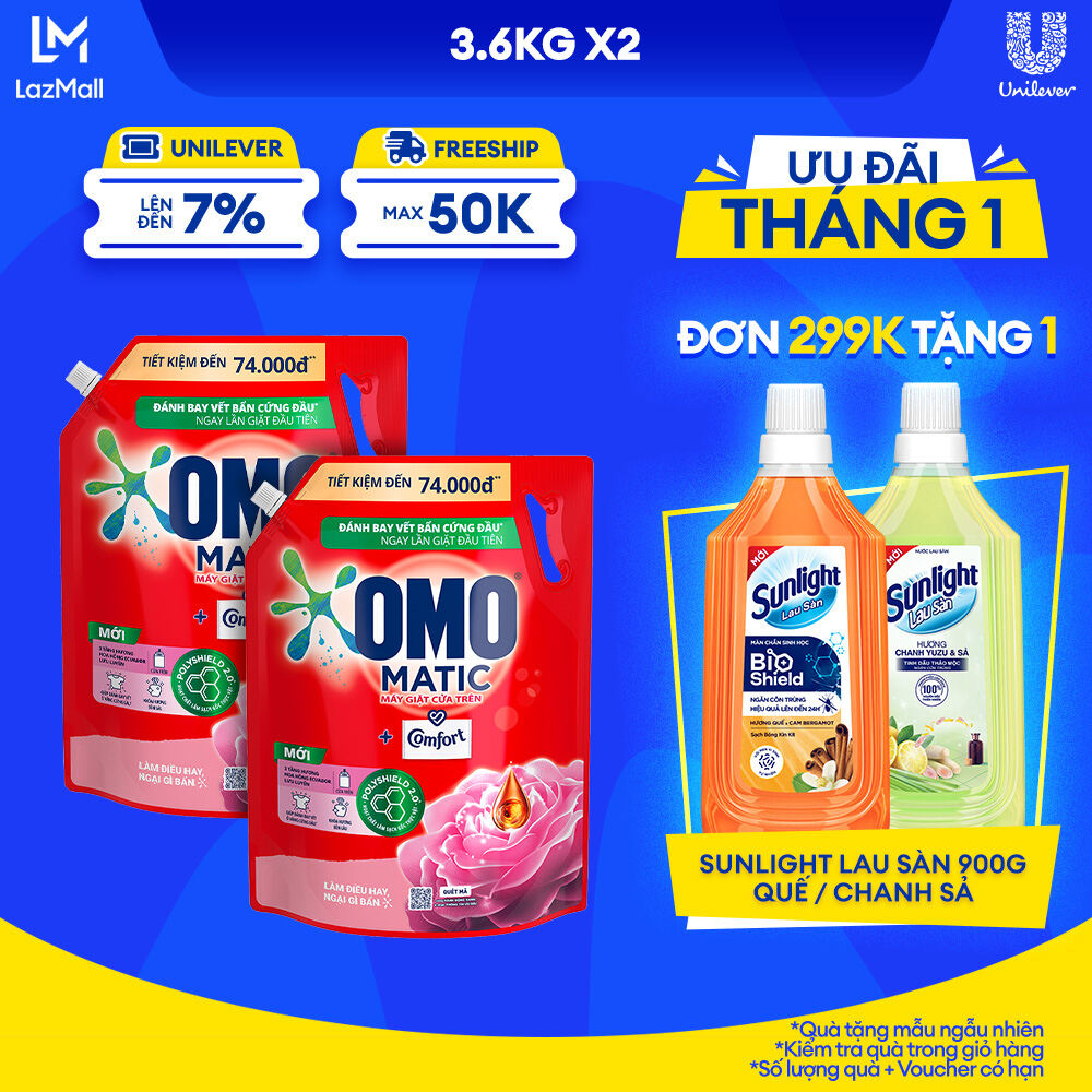 Combo 2 Nước giặt OMO Matic Comfort Hương Hoa Hồng Ecuador cho máy giặt cửa trên với 3 tầng hương giúp thơm bền lâu túi 3.6kg