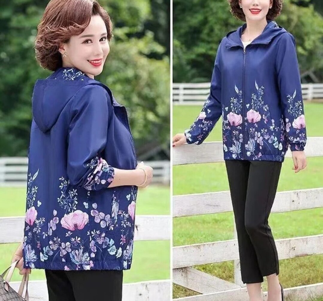 Áo khoác nữ trung niên mùa hè nhẹ, in họa tiết, chống nắng, có mũ, chắn gió, Size L dưới 55kg (C00)