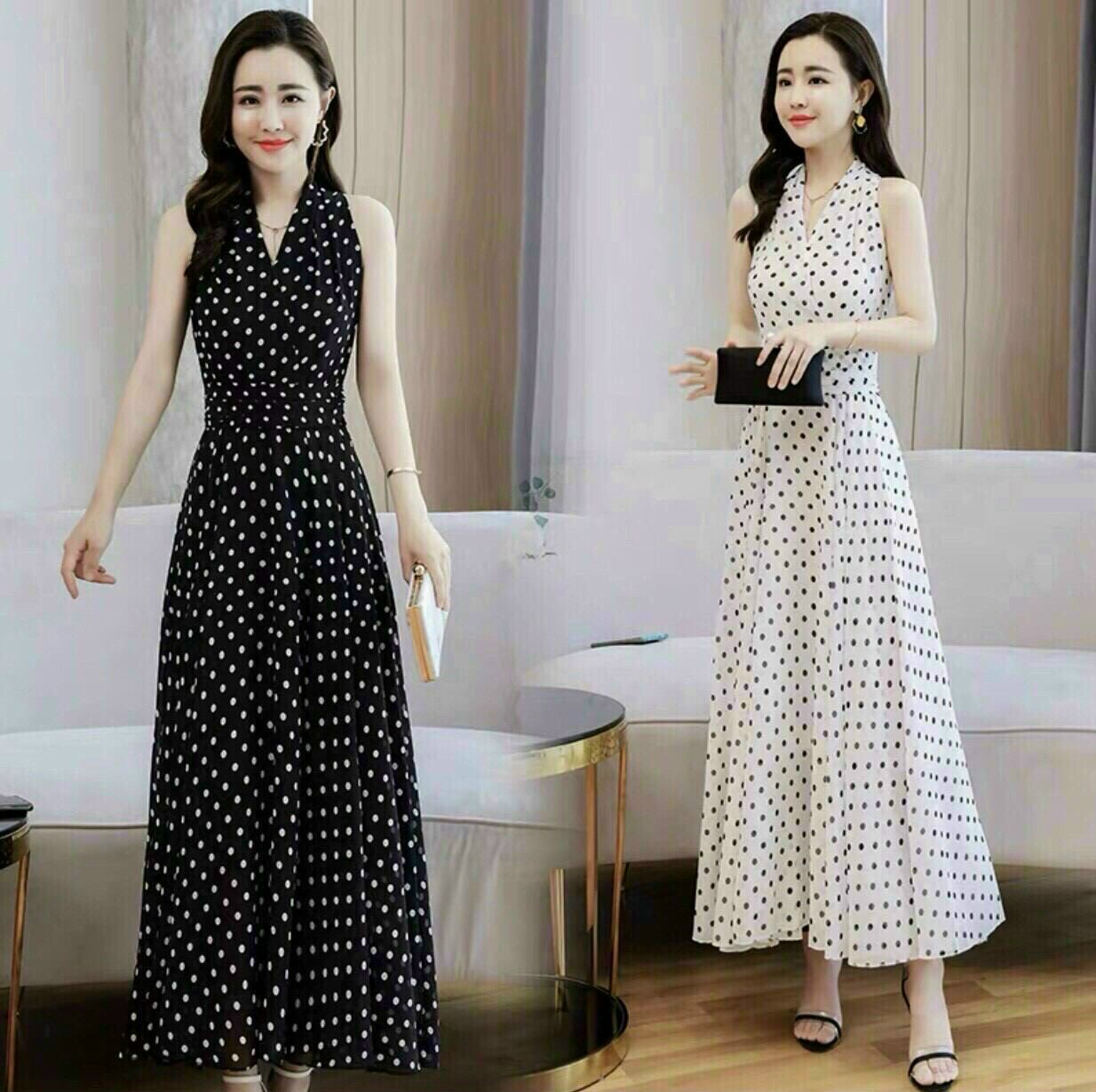 Đầm Maxi Lụa Chấm Bi Cổ V duyên dáng xinh