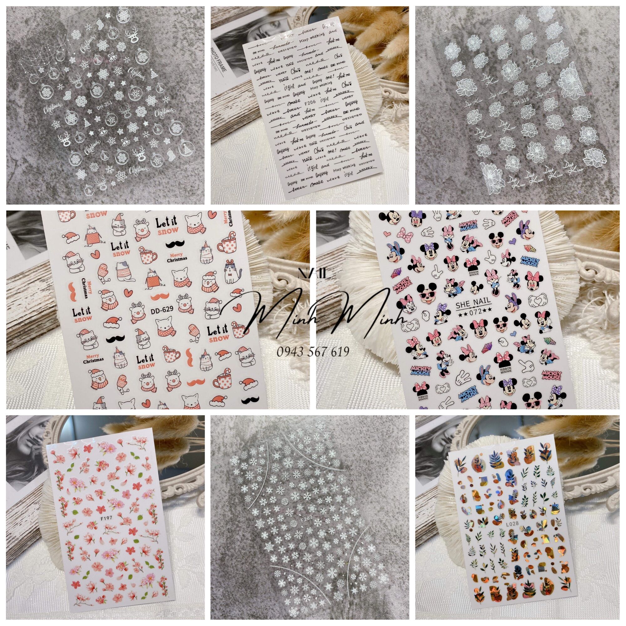 [Bảng 1] Sticker dán móng, hình dán nail chữ, hoa, hoạt hình, lụa nổi cao cấp