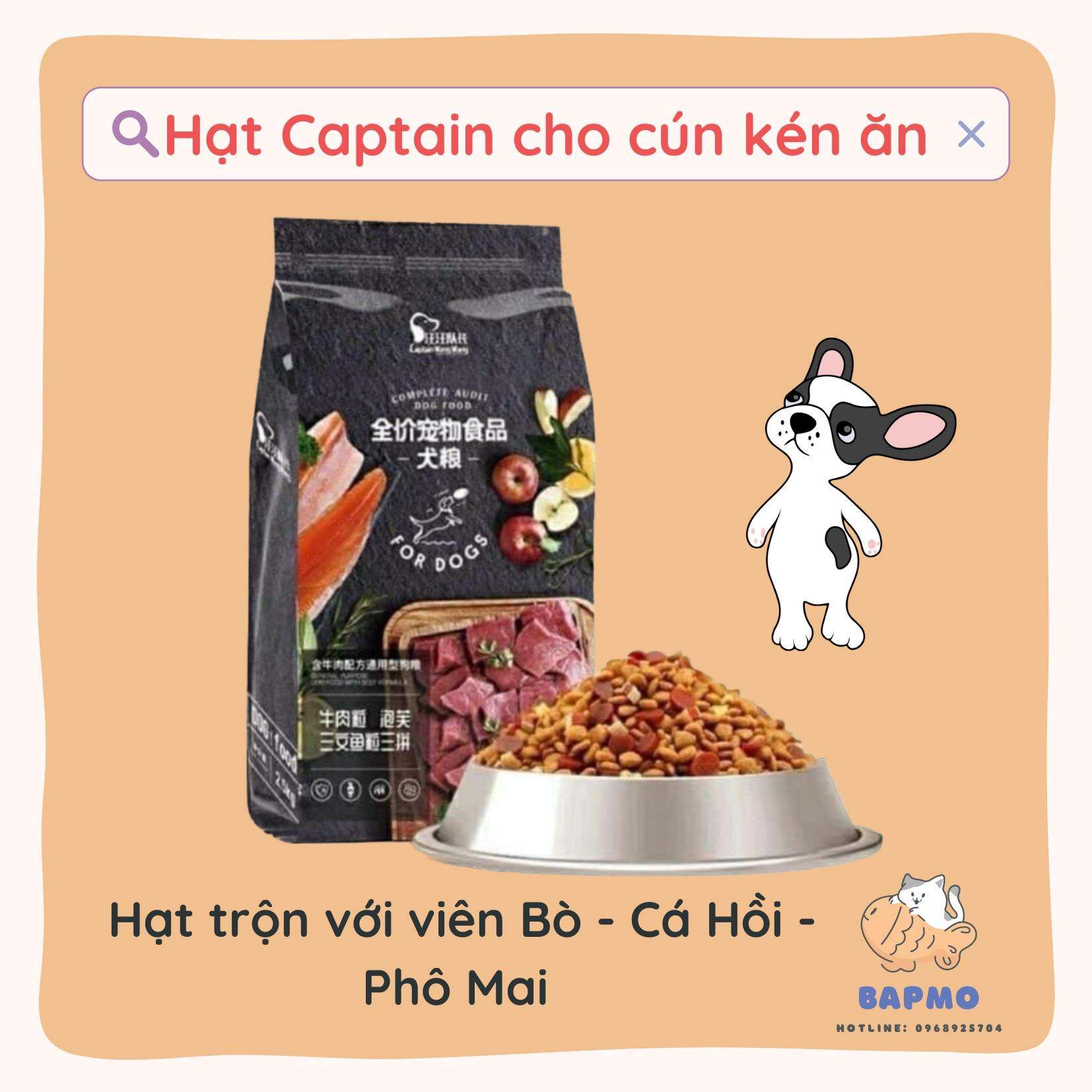 Hạt Captain thức ăn cho Chó Kén Ăn - Hạt Captain dành mọi loại chó - Hạt trộn viên Bò, Phô Mai, Cá Hồi - Túi 2.5kg -
