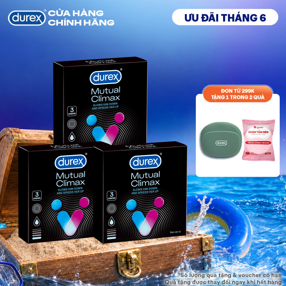 [SẢN PHẨM MỚI] Bộ 3 bao cao su Durex Mutual Climax kéo dài thời gian và gân gai, size 52.5 mm, hộp 3 bao