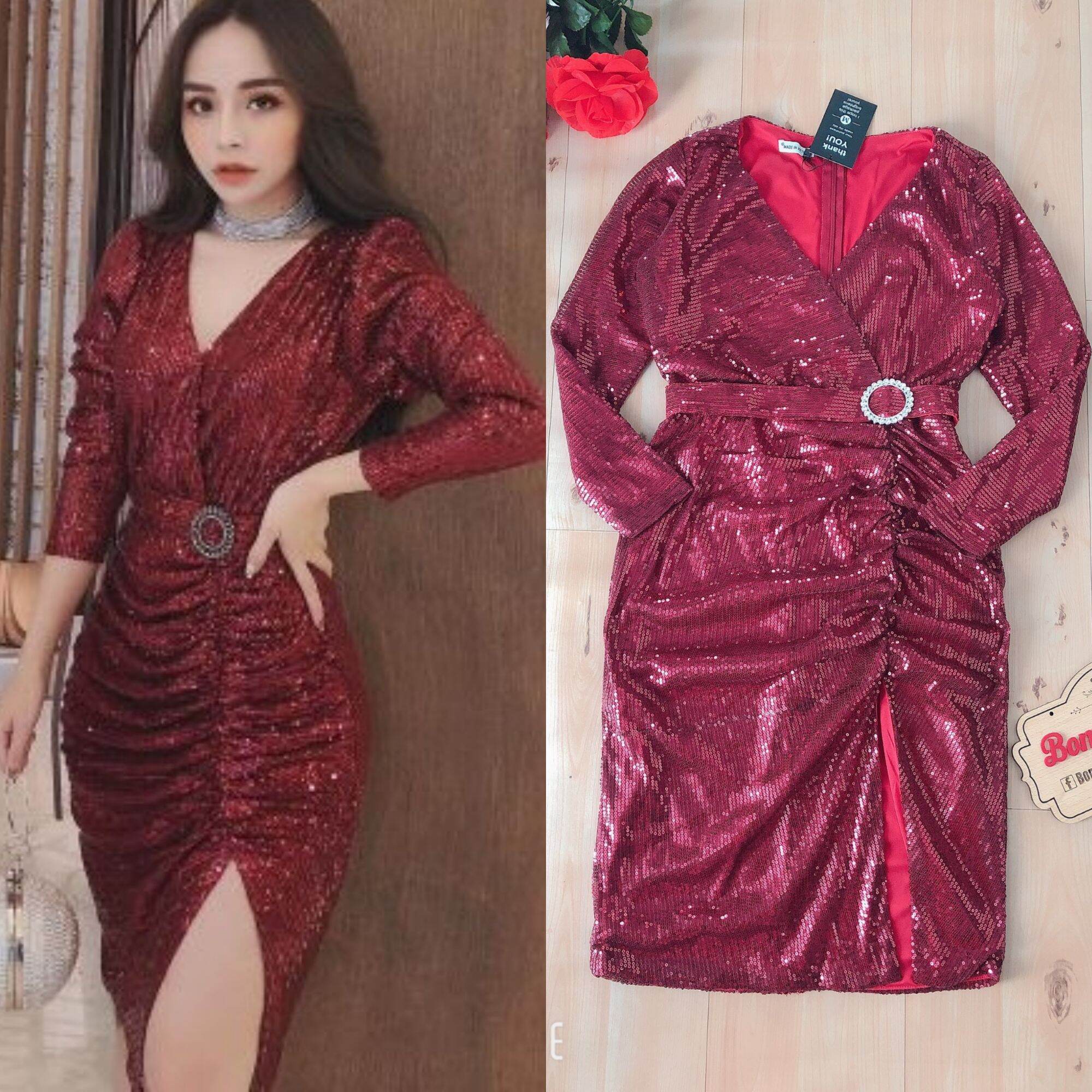 Đầm Body Kim Sa Cao Cấp eo phối belt đá xẻ đùi