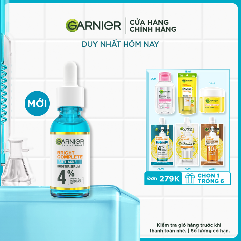 Dưỡng chất dành cho da dầu mụn giúp giảm mụn mờ thâm Garnier Bright Complete Anti-Acnes Booster Serum 30ml