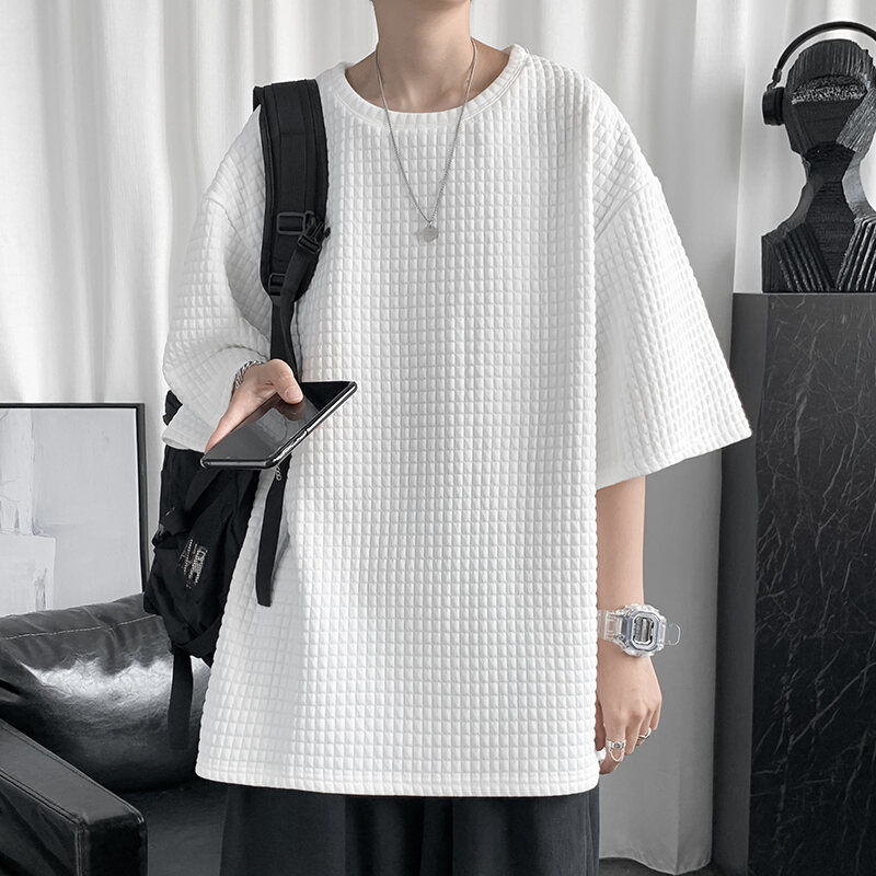 Áo Phông Cộc Tay Vải Waffle Caro Thường Ngày Mẫu Mới Mùa Hè 2023 Áo Màu Trơn Phong Cách Hồng Kông Tay Lửng Lửng Cá Tính Dễ Phối Cho Nam