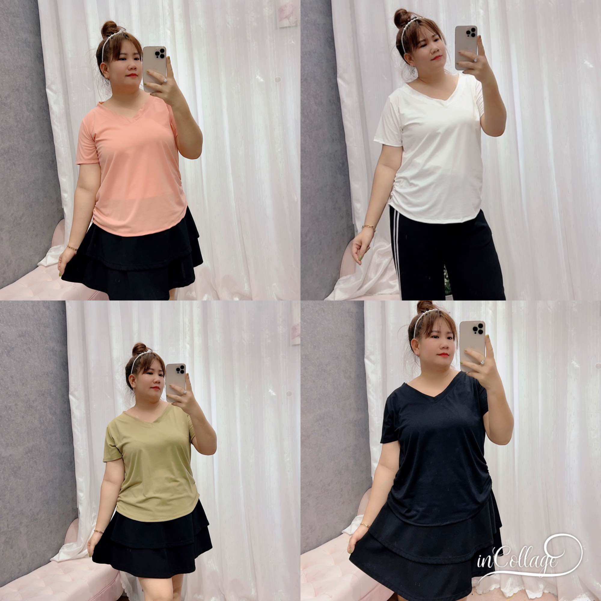 Áo phông nữ nhún eo cổ tim nhún eo Bigsize Nữ 68-95kg