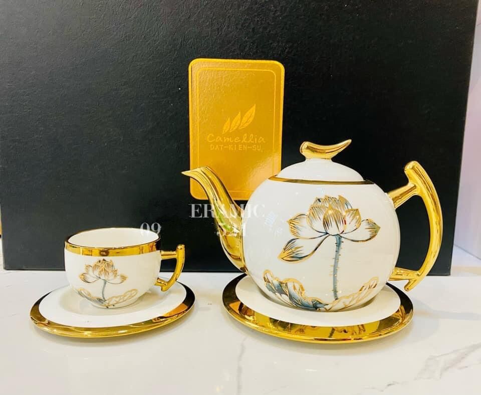 Bộ ấm chén trà sứ hoa sen cao cấp
