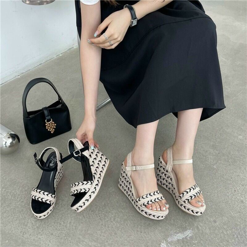 Sandal Xuồng Thổ Cẩm 9p Viền Cói Da Lộn Mềm Êm Fullbox Cao Cấp