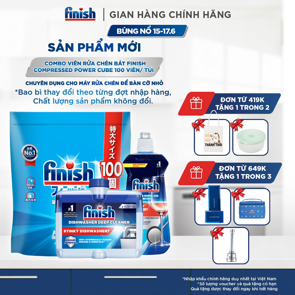 Combo Finish: Viên Rửa Chén Finish Nhật Bản Power Cube 100 Viên + Nước Làm Bóng + Dung Dịch Tẩy Rửa Máy Rửa Chén Bát