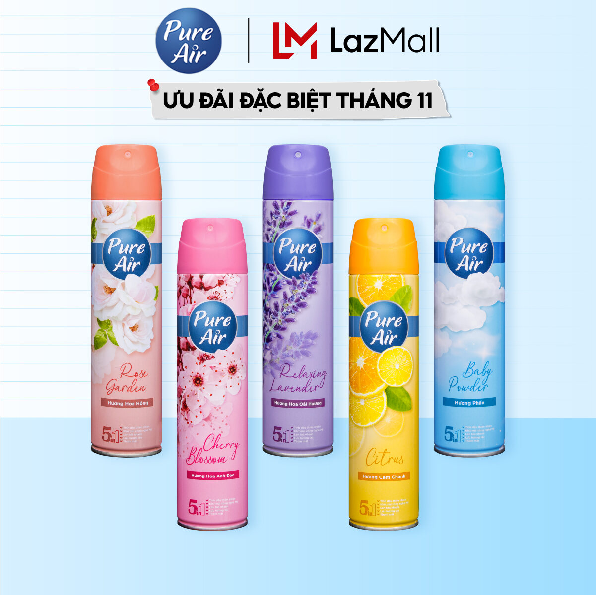 Xịt Phòng Hương Nước Hoa Pure Air Khử mùi Hương Hoa Hồng Hương Anh Đào Hương Cam Chanh Hương Phấn Hư