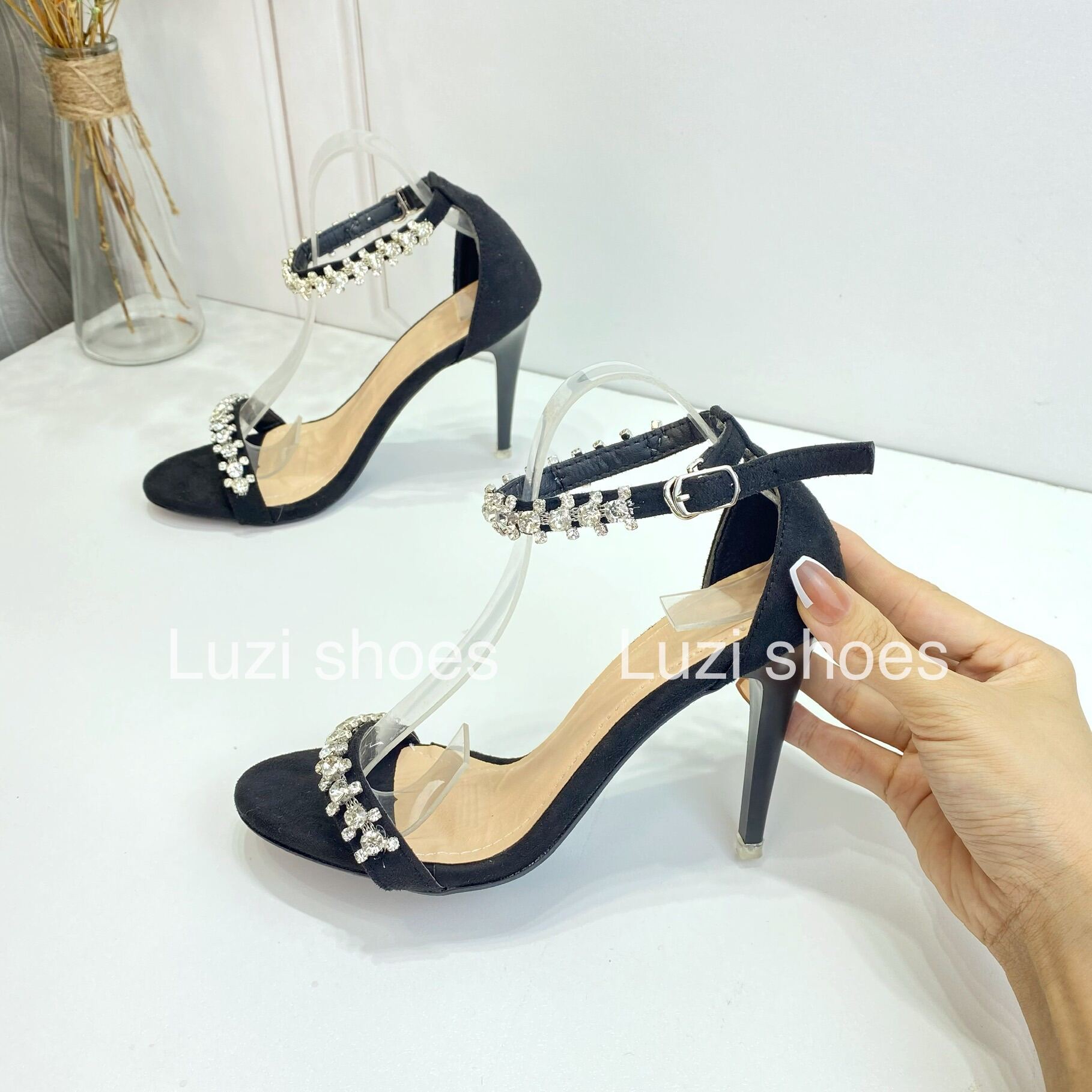 Giày cao gót nữ 2 dây đính đá bít gót ,gót nhọn cao 9 phân đi chơi đi tiệc,sandal cao gót bít gót đính đá lấp lánh, giày cưới cô dâu sang trọng LUZI SHOES M49
