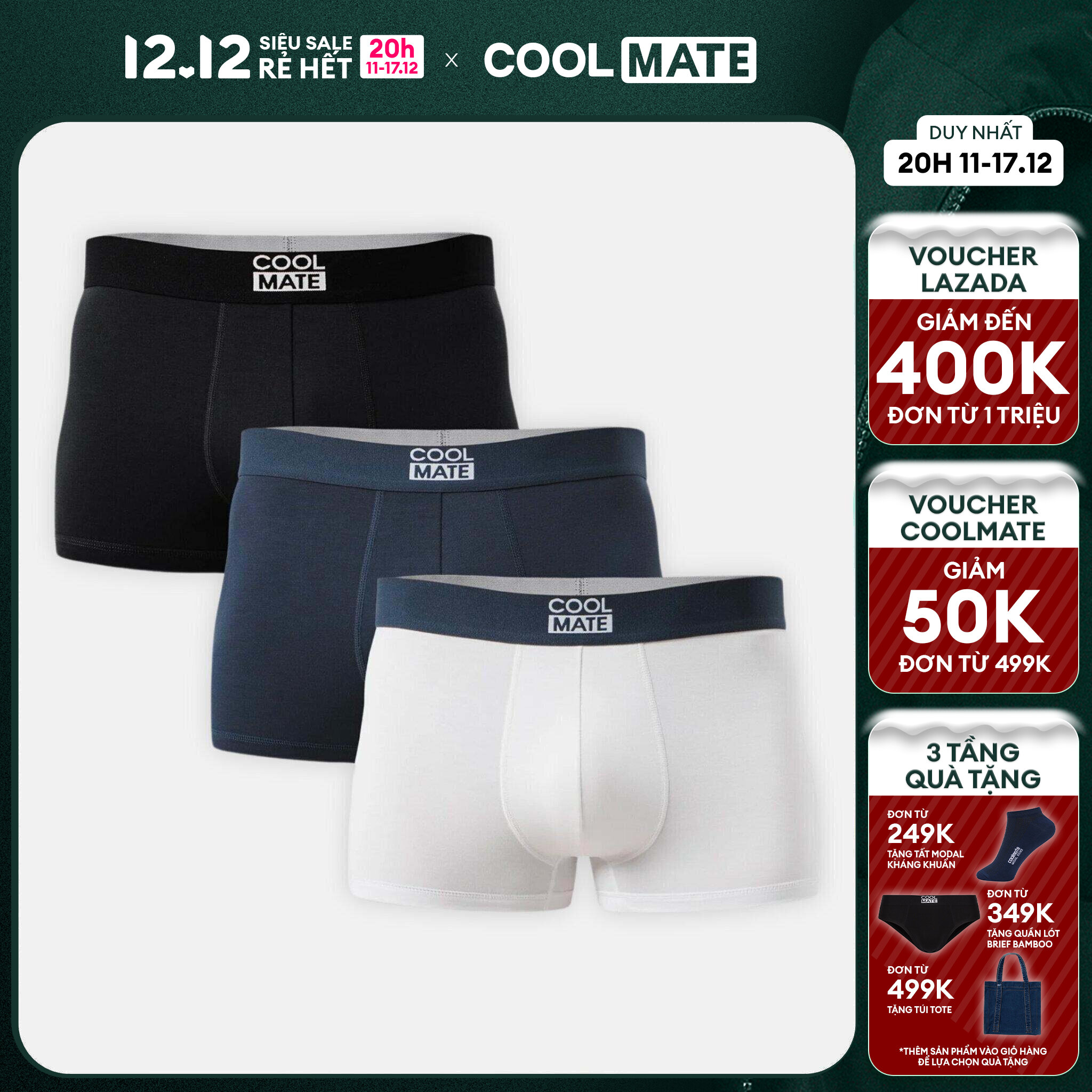 [CHỈ 20H 11-12.12 TẶNG QUÀ ĐƠN TỪ 249K]COMBO 3 Quần lót, sịp đùi boxer nam Trunk Bamboo kháng khuẩn cao cấp Coolmate