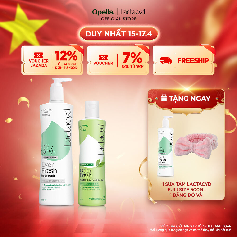 Bộ 1 Sữa tắm Lactacyd Ever Fresh mang lại làn da thơm mát và tràn đầy sức sống đến 24 giờ + 1 DDVS phụ nữ Lactacyd Odor Fresh 250ml