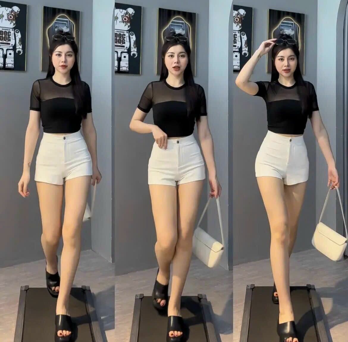 Áo thun croptop cổ tròn phối lưới tay ngắn màu đen