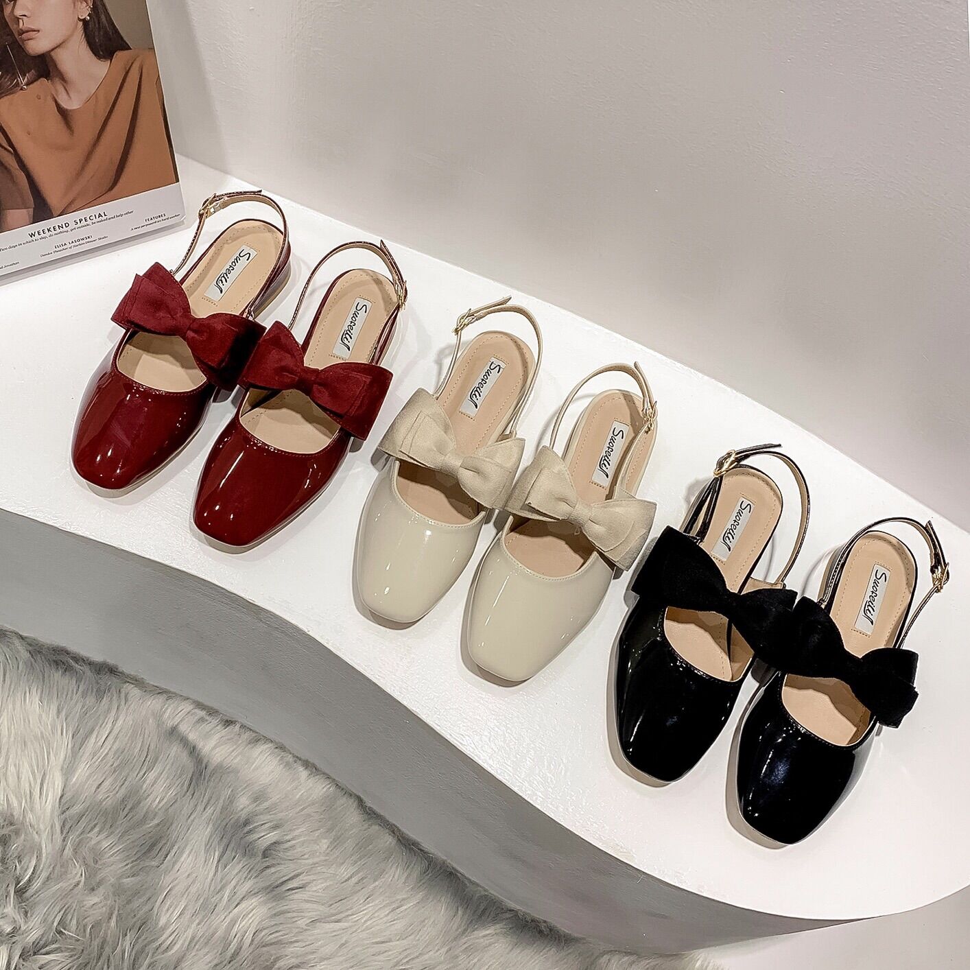 Giày búp bê nơ tiểu thư da bóng - Giày tiểu thư slip on hot trend - Giày da bóng êm chân - Giày nơ quai cài