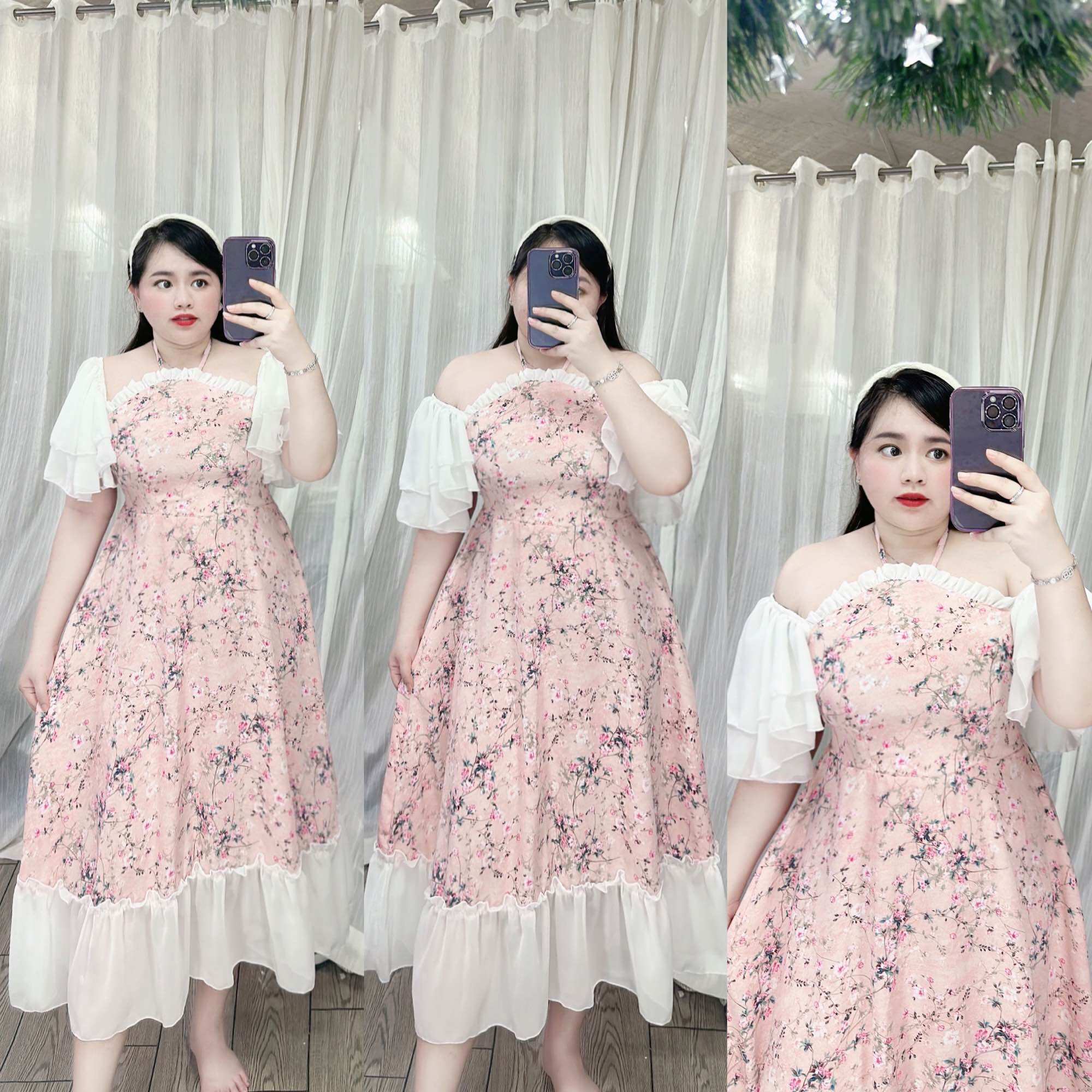 [Bigsize 60-90kg] Đầm cổ yếm cánh tiên lụa mango phối chiffon