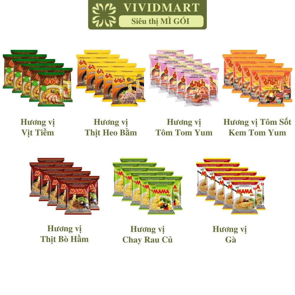 [SET 10 GÓI] - MAMA - Mì Mama gói nhỏ 7 vị: Tôm Tomyum, Thịt heo bằm, Sốt kem Tomyum, Mì vịt tiềm, Thịt bò hầm, Gà, Chay rau củ (55-60g/gói)