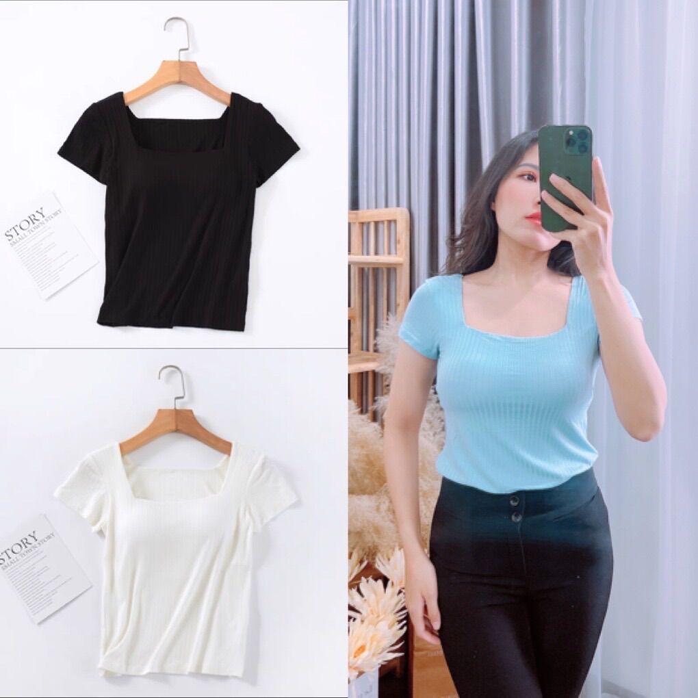 Áo thun cotton cổ vuông có lót ngực