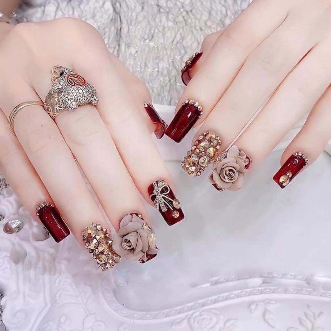Nail box - Móng tay giả - bộ 24 móng sơn gel đính hoa bột và đá siêu sáng kèm keo