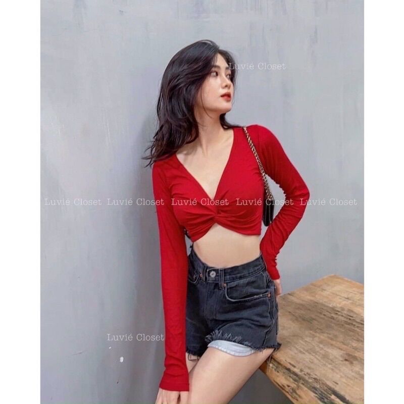 Áo kiểu tay dài xoắn ngực yumi bán sỉ áo croptop tay dài xoắn ngực siêu hot