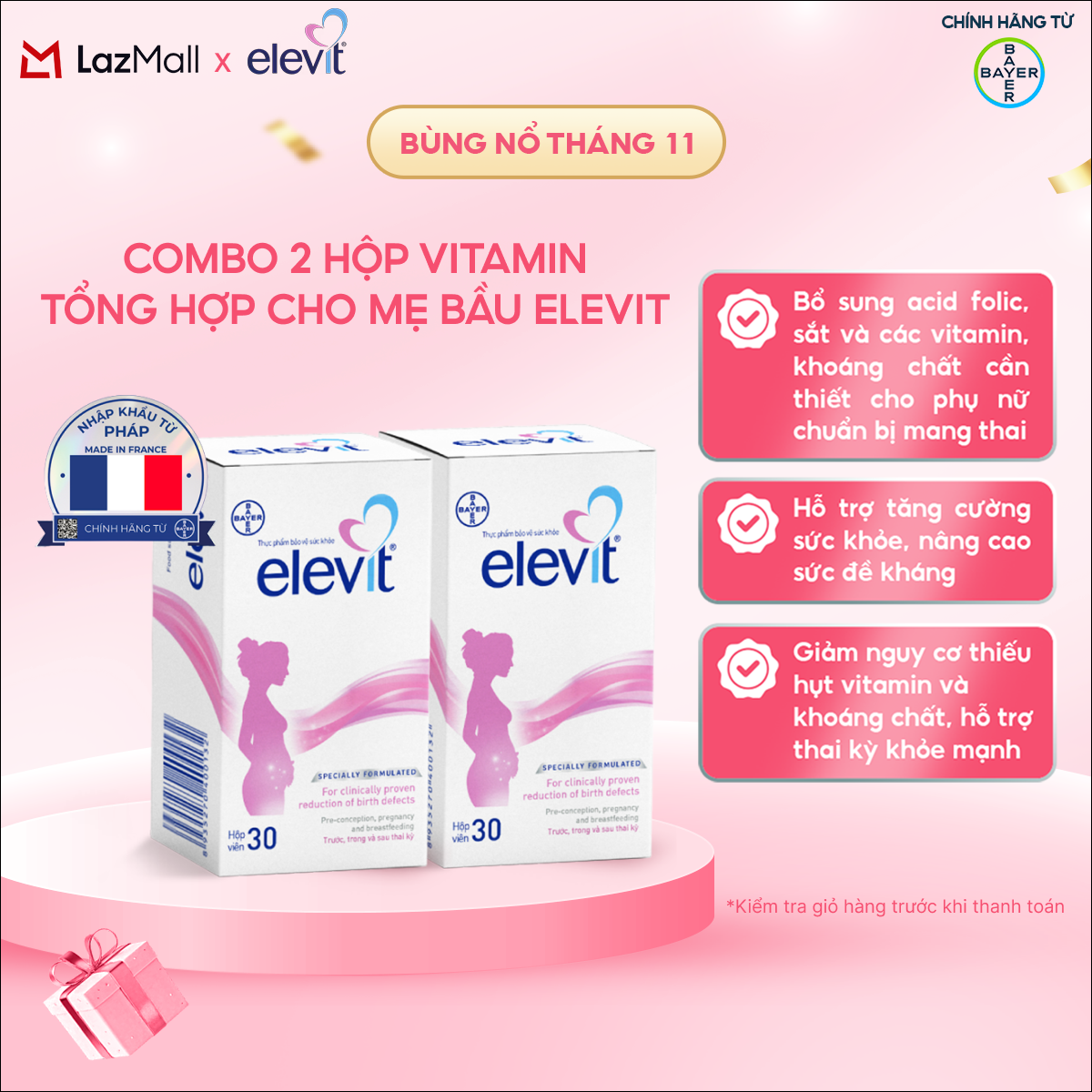 Bộ 2 Hộp Vitamin Bầu Tổng Hợp Elevit Cho Phụ Nữ Trước Trong và Sau Thai Kỳ (30 Viên/ Hộp)