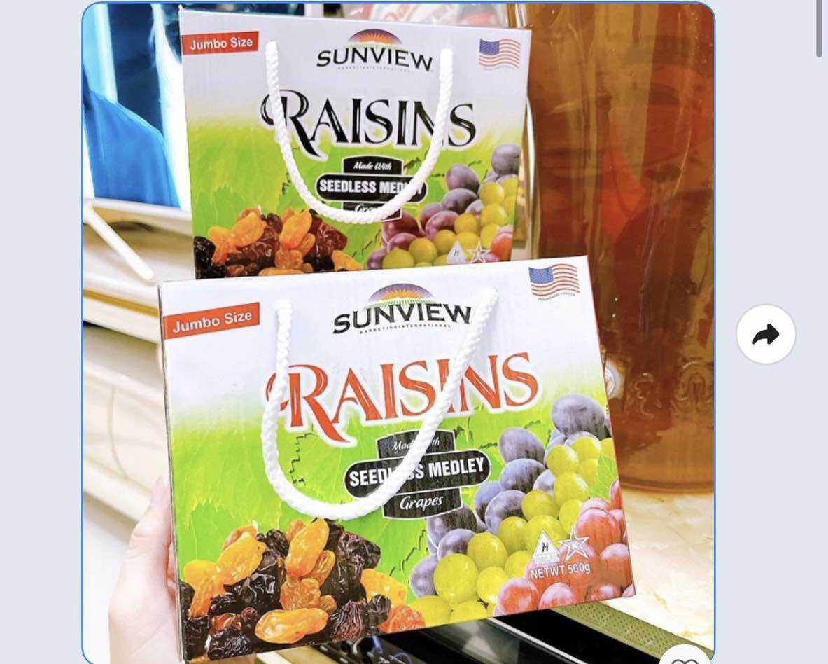 Hộp 500gr nho khô túi giấy Sunview Raisins (Date mới 12 tháng)