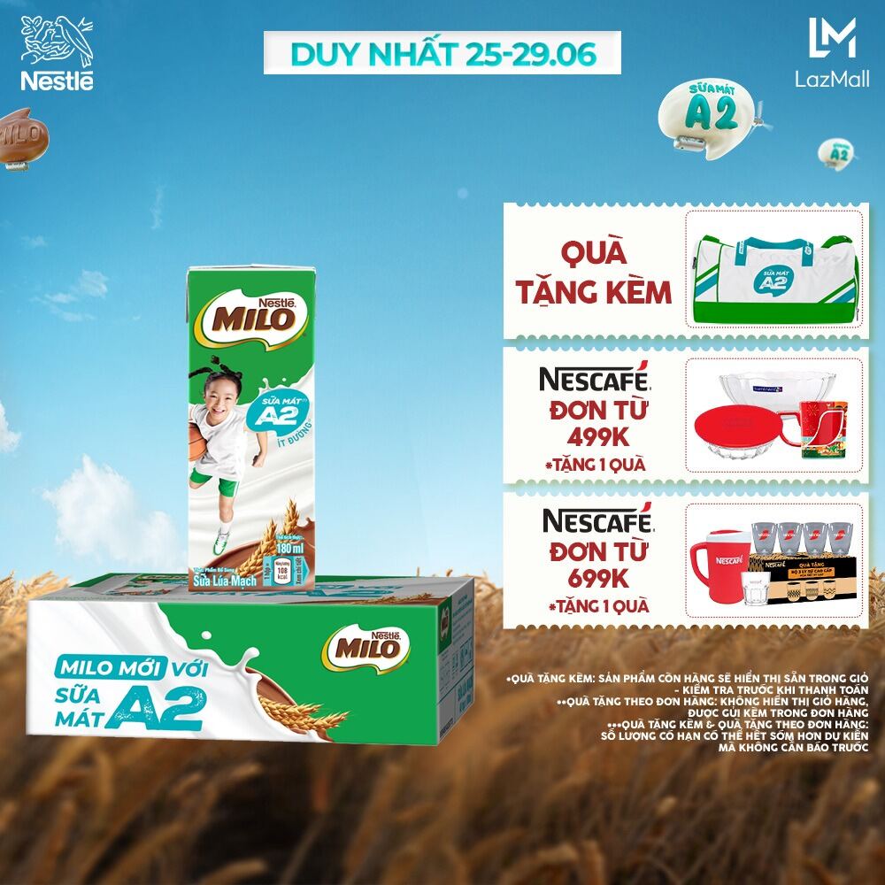 [ƯU ĐÃI THÁNG 6] [FREESHIP HCM] Thùng  Sữa Lúa Mạch Nestle MILO A2 MỚI 48 hộp (4x180ml)