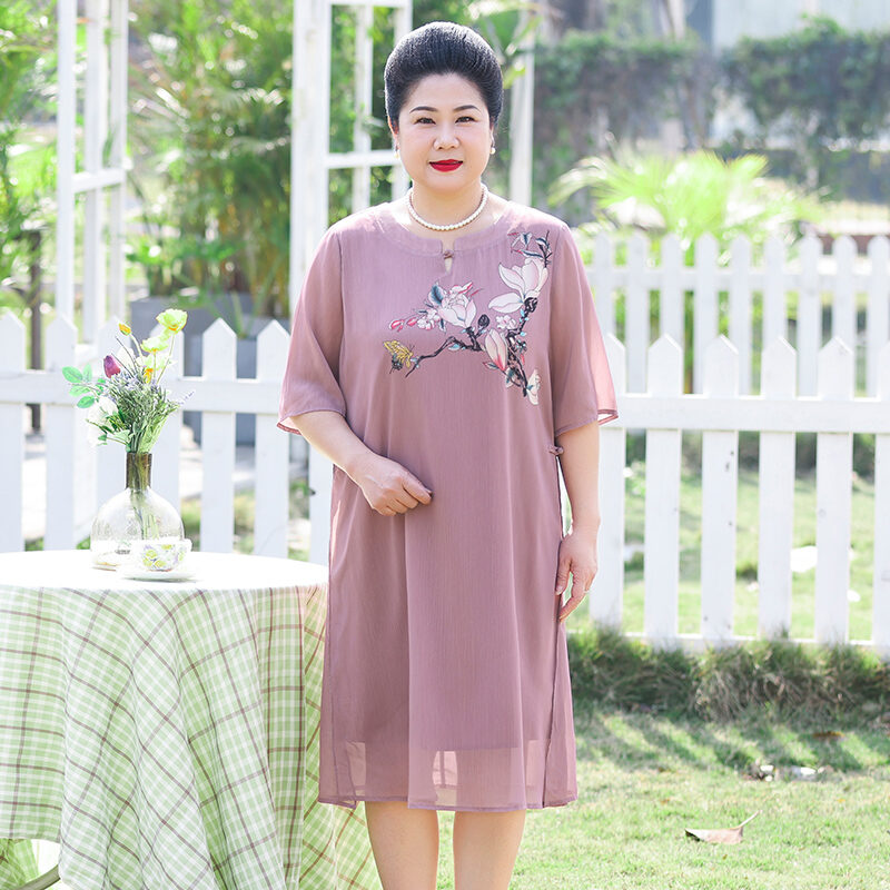 Trang Phục Mùa Hè Cho Mẹ Bà Vợ Rộng Rãi Trung Niên Và Già Váy Voan Đầm Dài Phong Cách Trung Quốc Kiểu Tây Trang Phục Nữ 50 Tuổi Sườn Xám