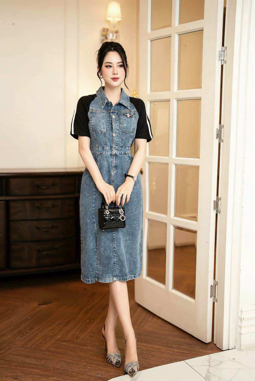 ( HÀNG QUẢNG CHÂU CAO CẤP ) VÁY ĐẦM SƠ MI JEAN - PHỐI THUN CÁCH ĐIỆU ( CC5050524)