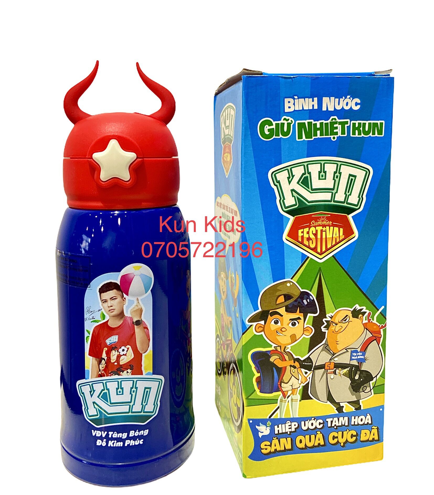 Bình nước Kun giữ nhiệt hình cầu thủ Đỗ Kim Phúc màu xanh biển - Bình nước giữ nhiệt hàng khuyến mãi sữa Kun 500 ML