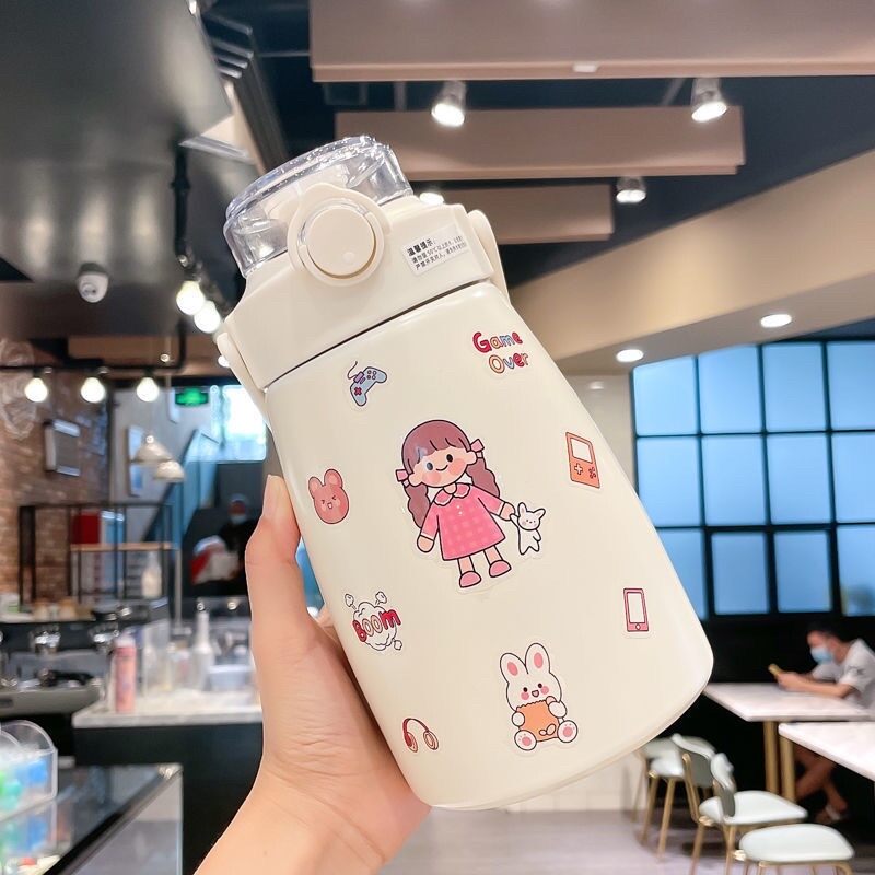 Bình nước giữ nhiệt 800ml cute có sticker và ống hút kiểu dáng dễ thương - Bình giữ nhiệt