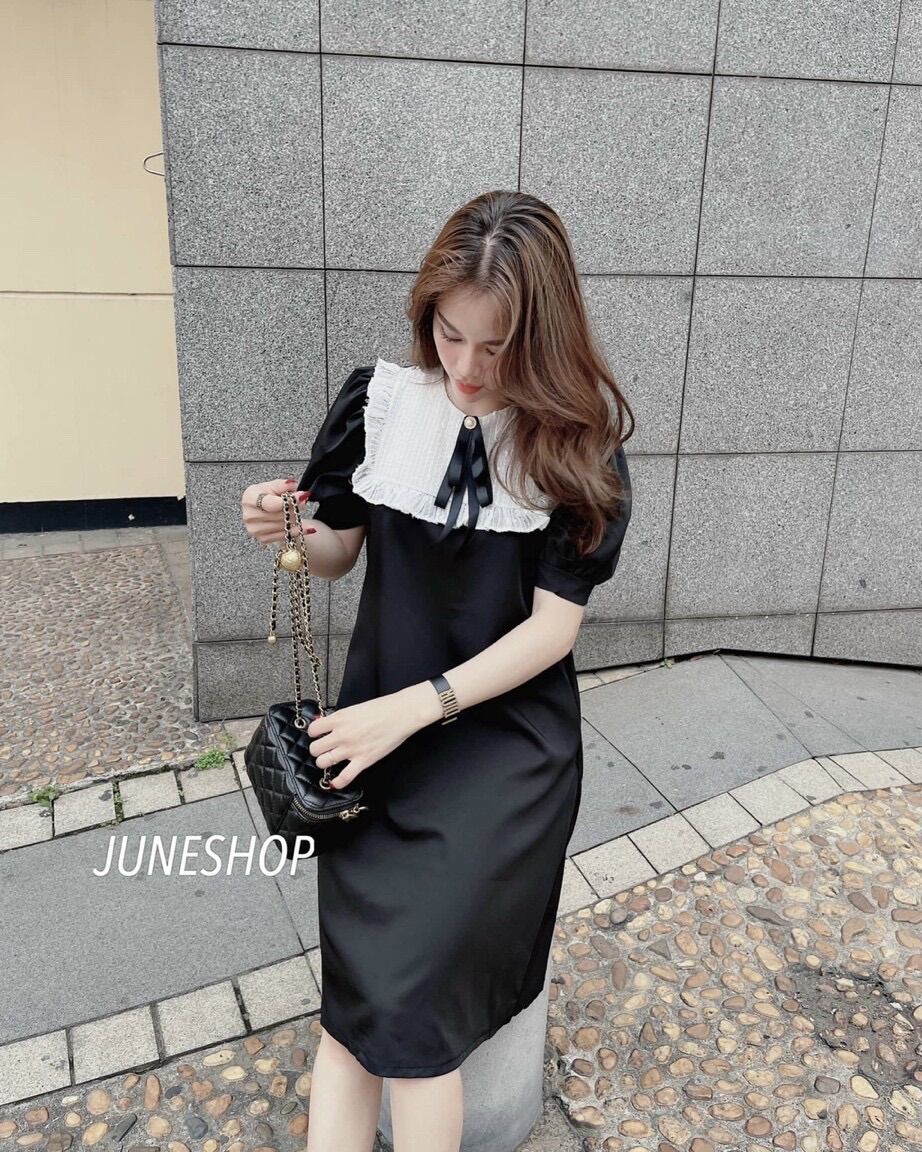 Đầm bầu công sở đen phối nơ thời trang
