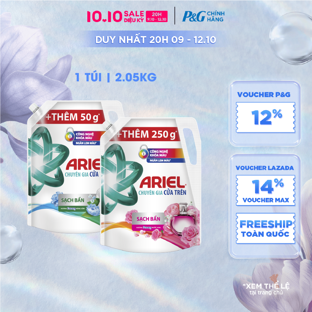[Voucher 12%] Nước Giặt Cửa Trên ARIEL Ngăn Lem Màu, Quần Áo Siêu Thơm Hương Downy Nắng Sớm/ Downy Hương Nước Hoa Túi 2.05KG