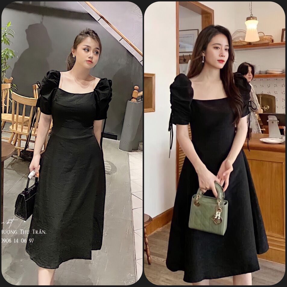 55-90kg bigsize đầm cổ vuông midi tay rút bồng đ500