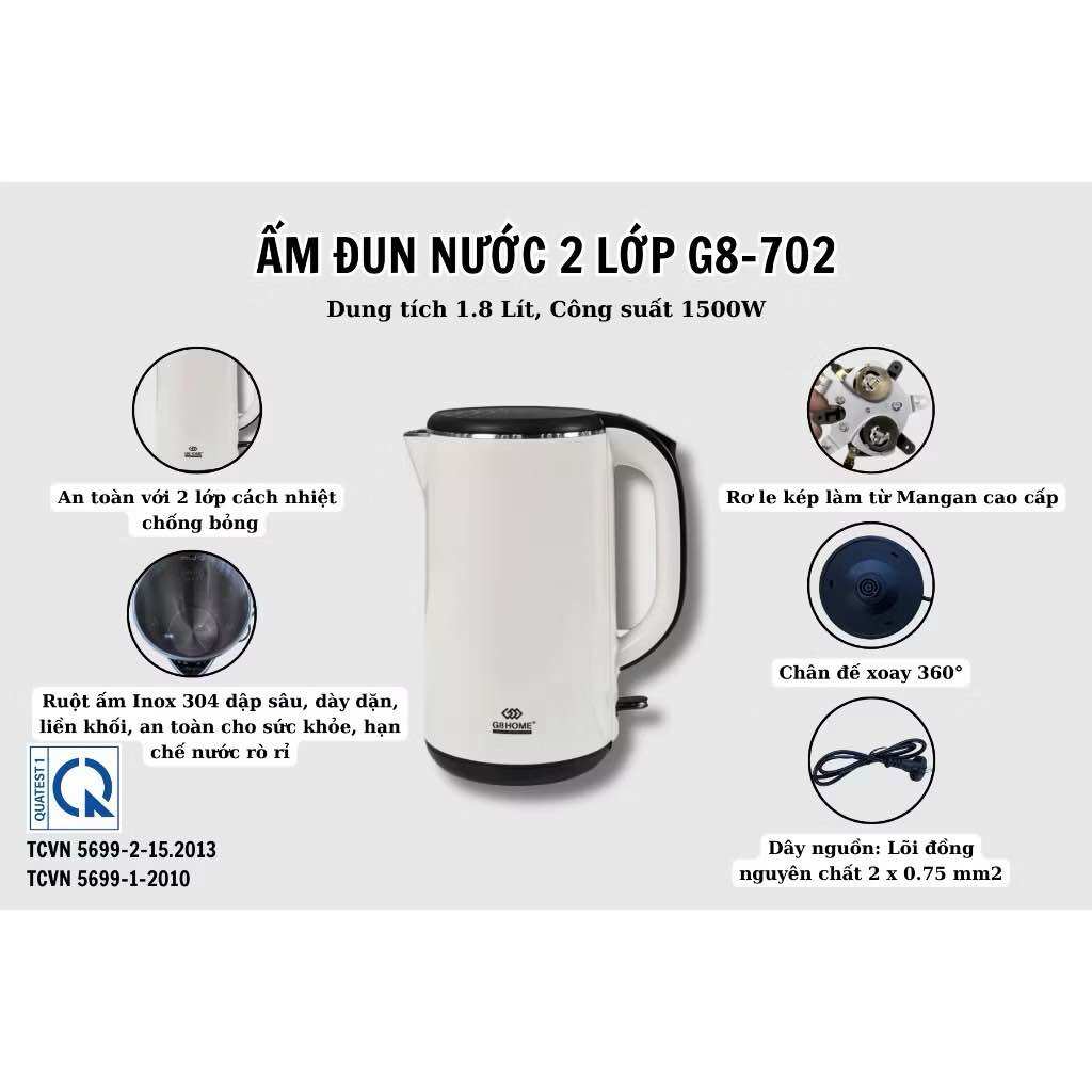 Ấm đun sôi siêu tốc G8-702 thiết kế 2 lớp chống bỏng, an toàn cho người dùng, dung tích 1.8L