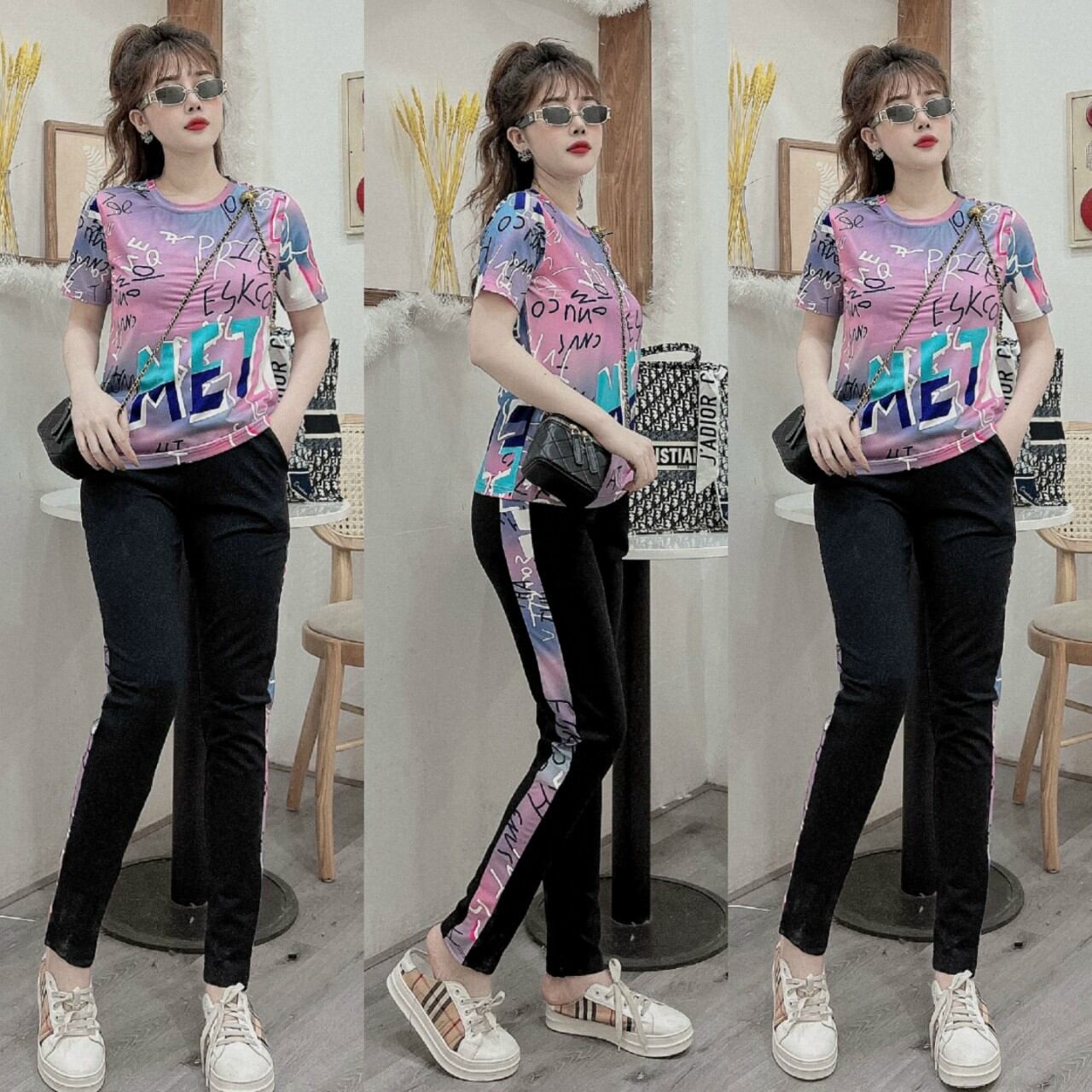 Bộ đồ nữ phối họa tiết chữ loang cao cấp