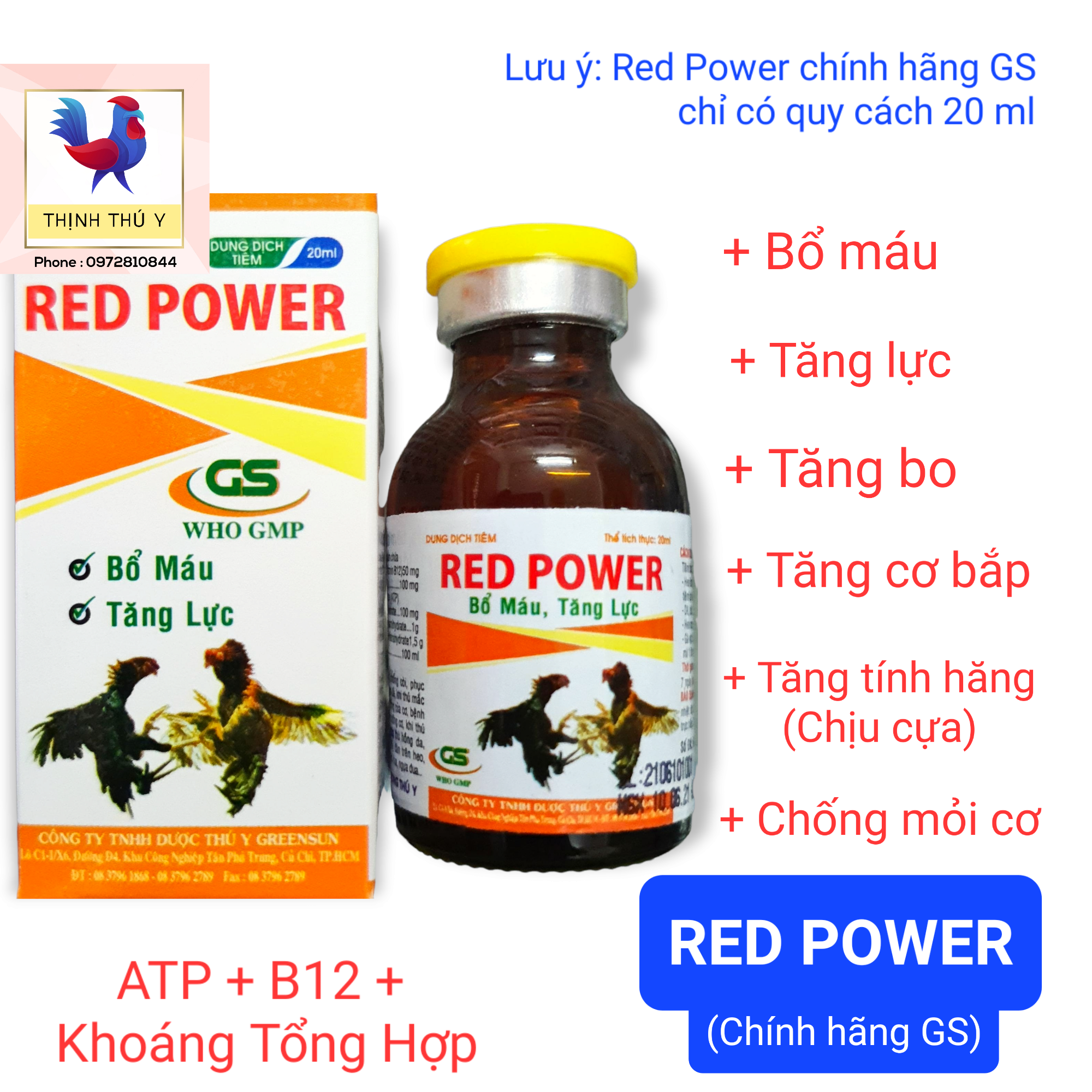 GS RED POWER (20ml) - ATP + Vitamin B12. Bổ máu tăng lực tăng bo dưỡng gân cơ chống mỏi cơ tăng tính hăng chịu cựa cho gà đá (Date 12/2024)