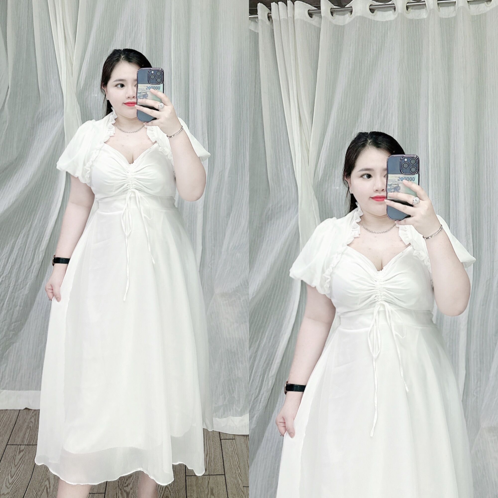 [Bigsize 60-90kg] Đầm rút voan tay bí