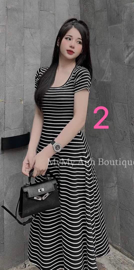 Đầm kẻ sọc body dáng maxi dài cổ vuông