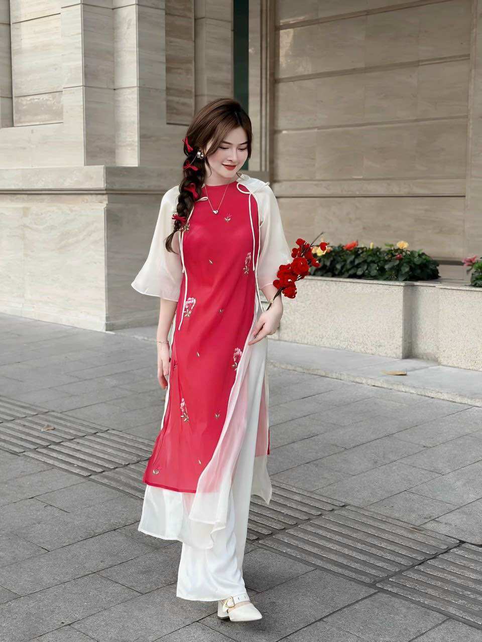(SHOP TÁO ĐỎ BIGSIZE 50KG ĐẾN 90KG) set áo dài bồ công anh tay phối trắng