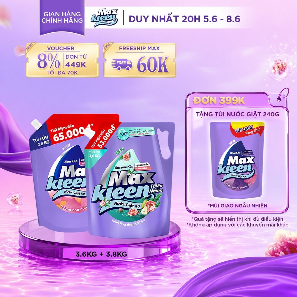 Combo Túi Nước Giặt Xả MaxKleen Thiên Nhiên 3.6kg  Túi 3.8kg (Hoa Nắng/ Huyền Diệu/Vườn Sớm Mai)