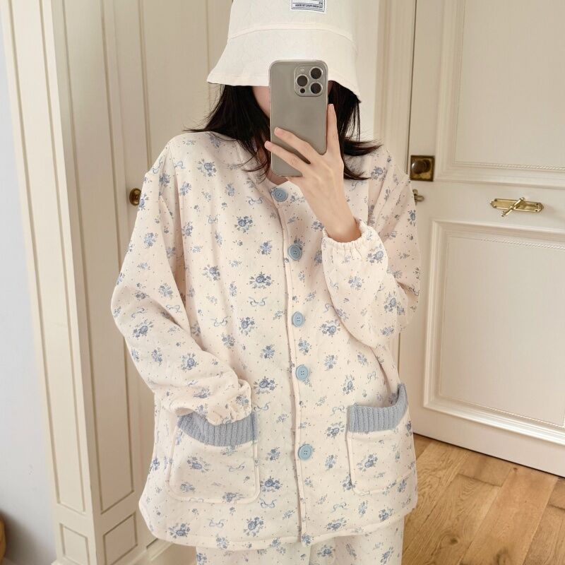 Bộ Đồ Ngủ Cho Bà Bầu Air Cotton Dày Cho Bà Bầu Sau Sinh Cho Con Bú Mùa Đông Mùa Xuân Mùa Thu Mùa Đôn