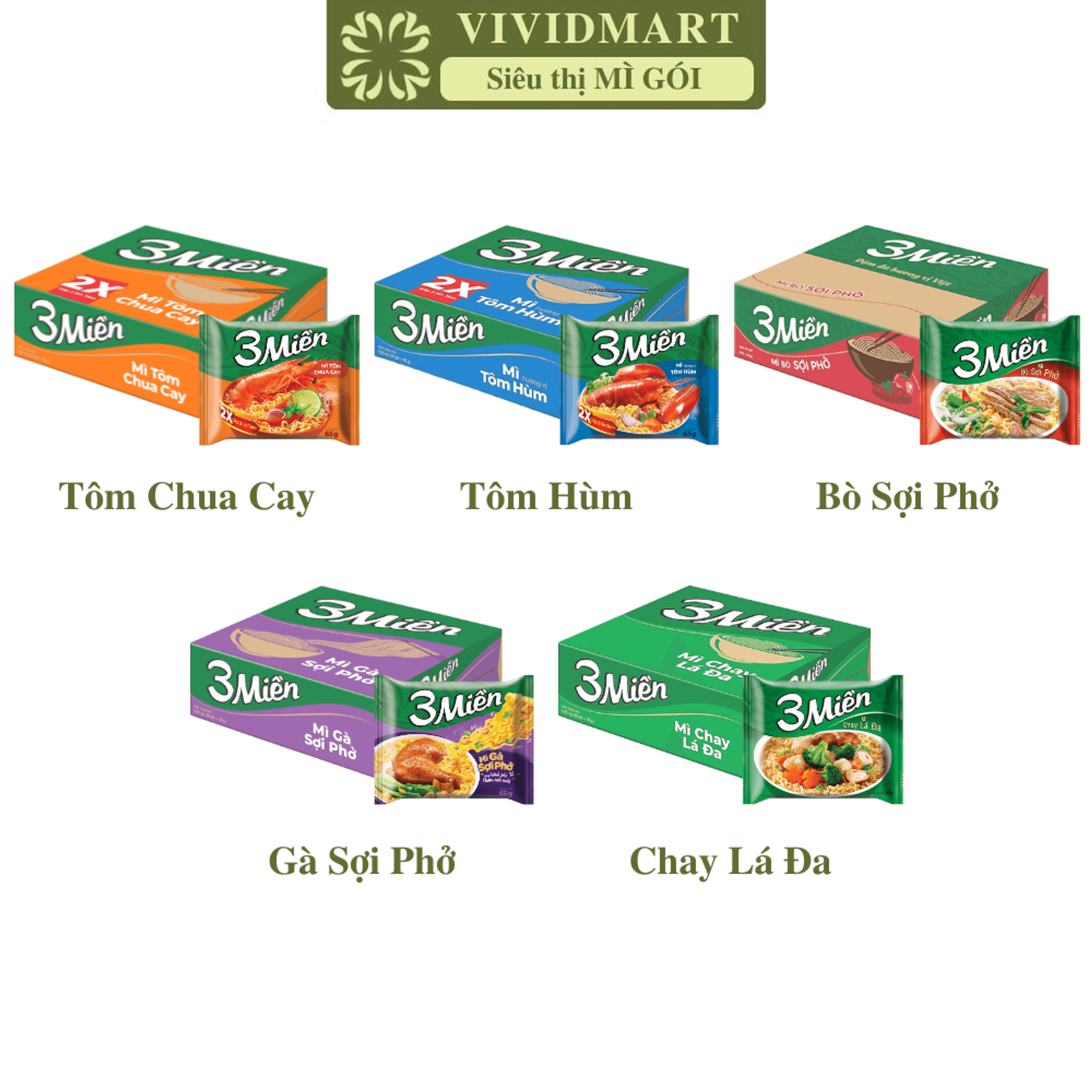 - uniben - mì 3 miền 5 vị: tôm chua cay, chay lá đa, tôm hùm, gà sợi phở, bò sợi phở - mì gói 3 miền