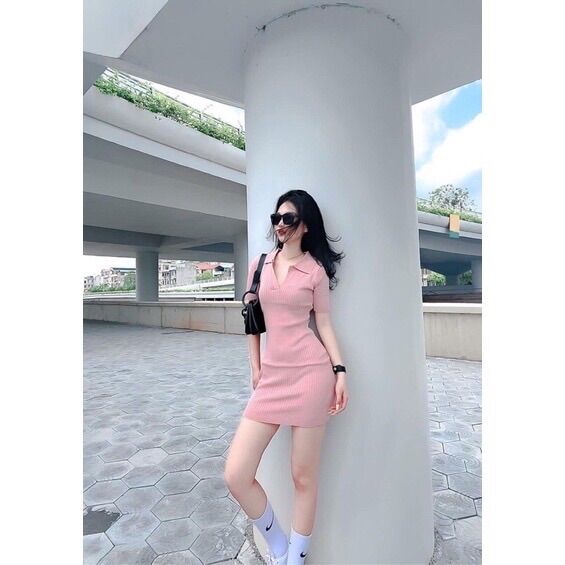 Váy đầm body len nữ cổ bẻ bassic