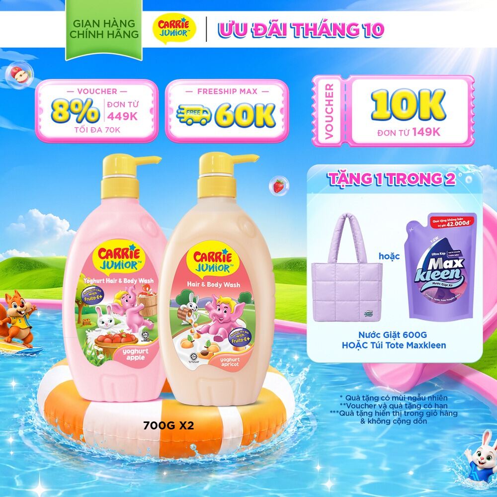 Combo 2 Chai Sữa Tắm Gội Cho Bé Carrie Junior chiết xuất trái cây thiên nhiên Yoghurt hương Táo + Mơ Tây (700g/ chai)