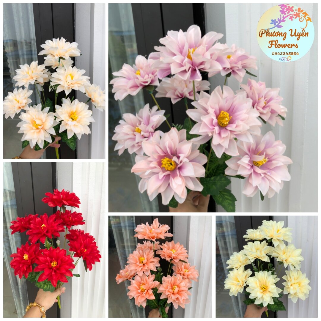 Cụm hoa thược dược 9 bông size 8cm_ hoa lụa cao cấp