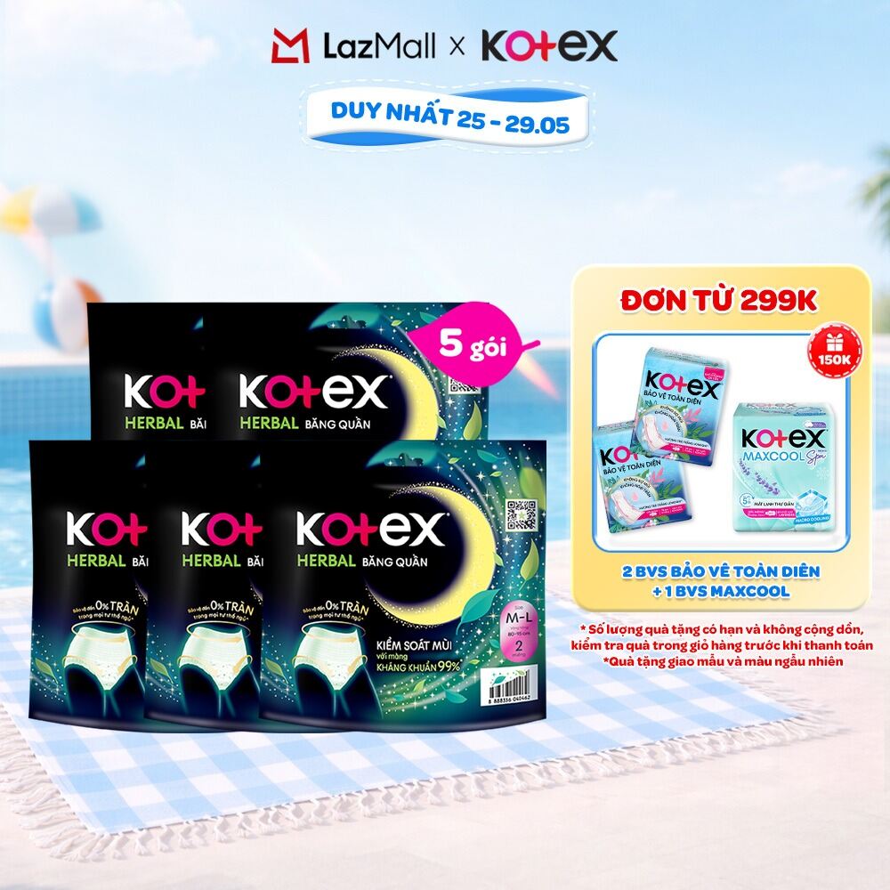 Combo 2/Combo 5/Thùng 16 gói/Băng vệ sinh quần Kotex Ban Đêm Thảo Dược Herbal M-L 2 miếng