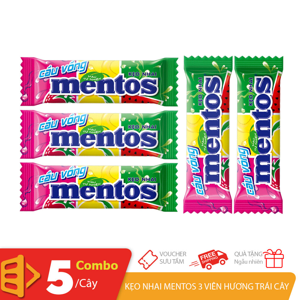 Combo 5 cây kẹo nhai Mentos 3 viên hương vị trái cây mix vị