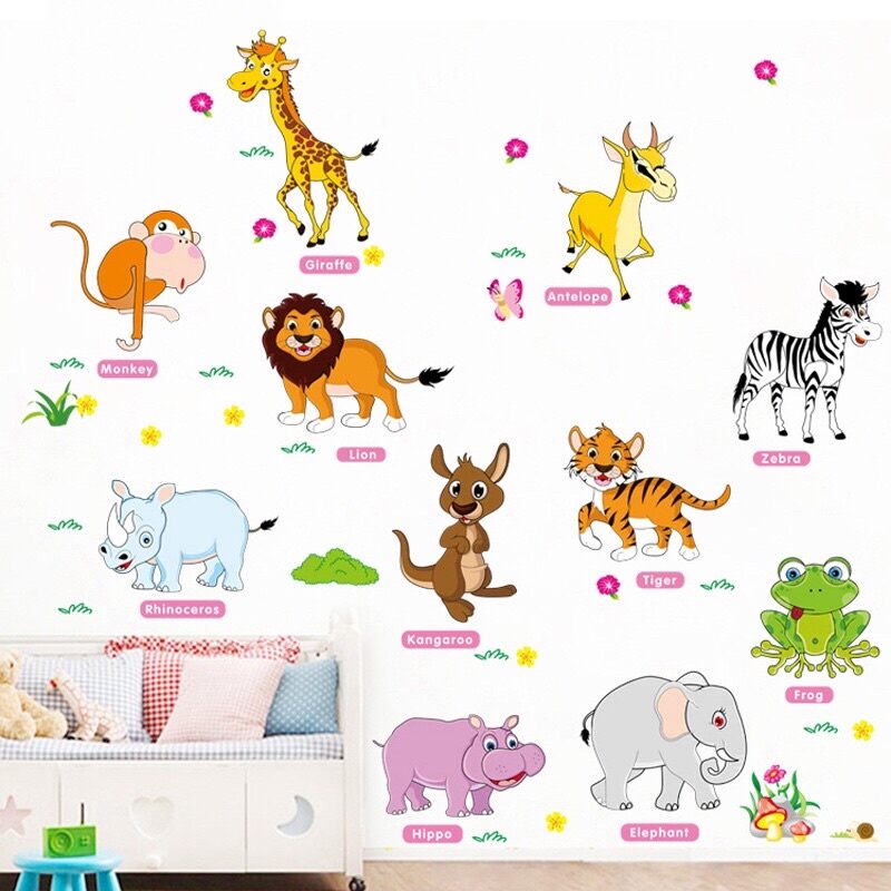 Decal dán tường cho bé con vật và thước đo