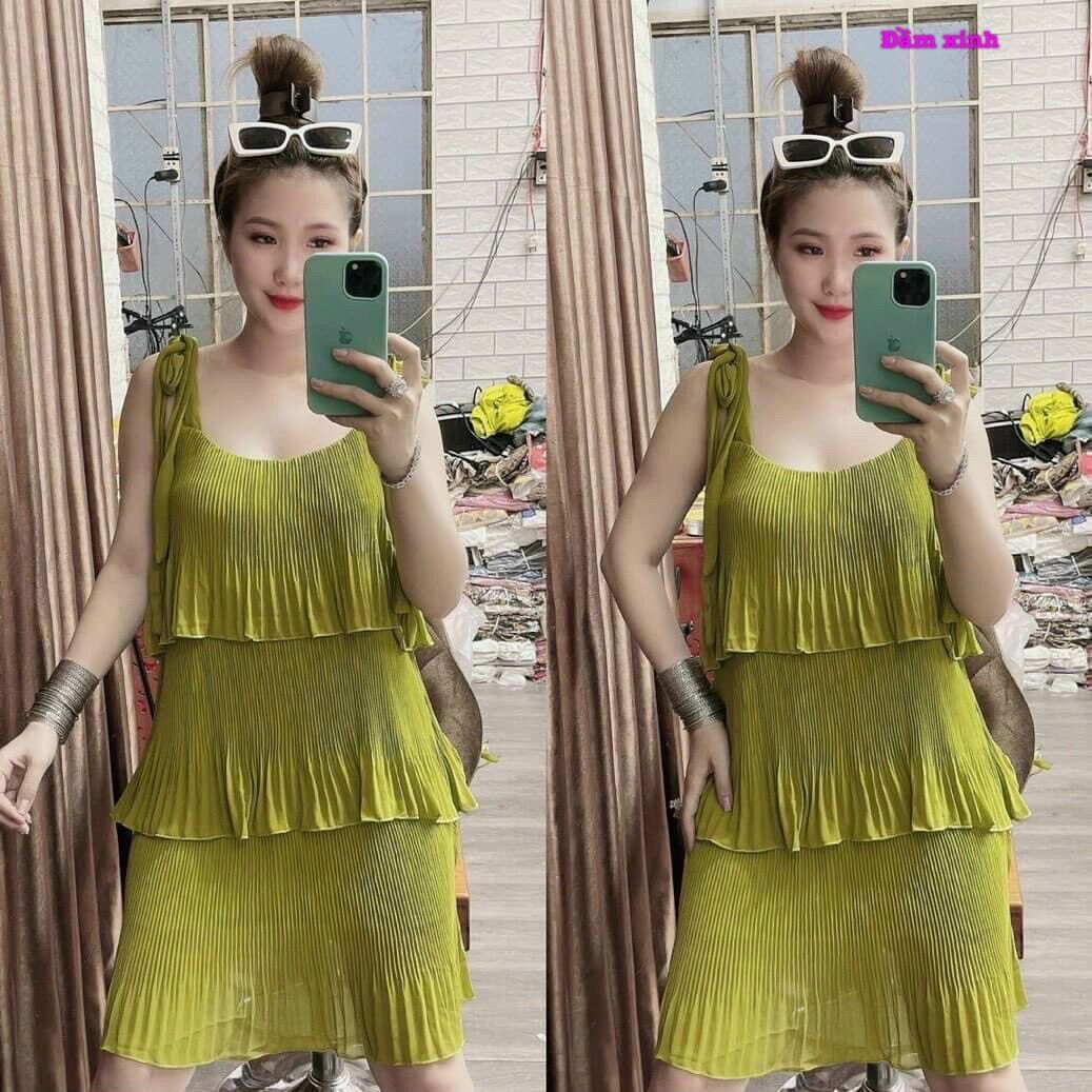 Đầm dập ly 3 tầng vải voan cột vai